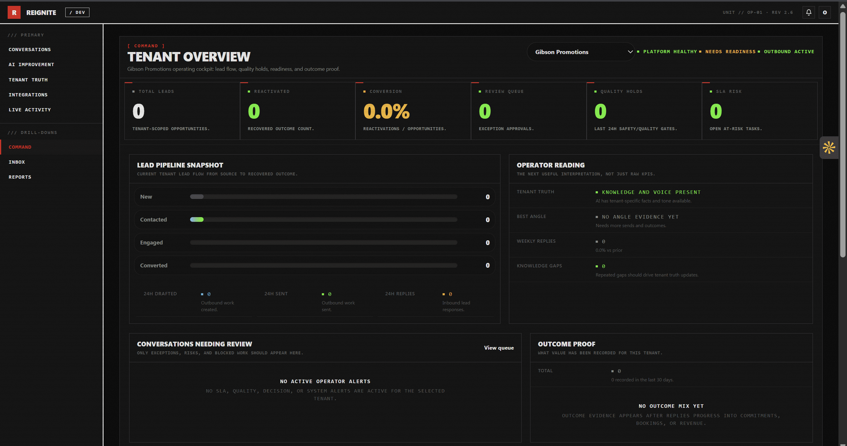 Reignite operator terminal sign-in screen, showing the Command, Tenants and Readiness drill-downs.